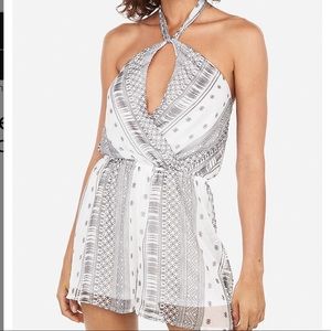 Express Metallic Cross Neck Open Back Romper NWT